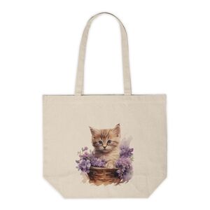 Floral Cat in a Basket Custom Canvas Tote Bag